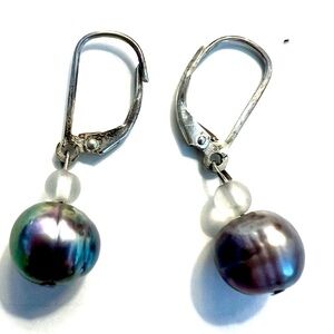 Black South Sea Freshwater Style Pearl Drop Dangle Earrings - Vintage